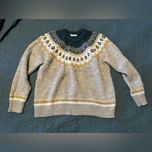 OYSHO Cozy Gray Teal and Yellow Fairisle Knit Sweater